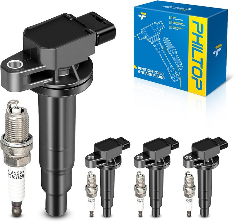 PHILTOP Set of 4 Ignition Coil Pack and Iridium Spark Plugs Fits for 2007-2018 Yaris,2001-2009 Prius,2000 Echo - Image 1